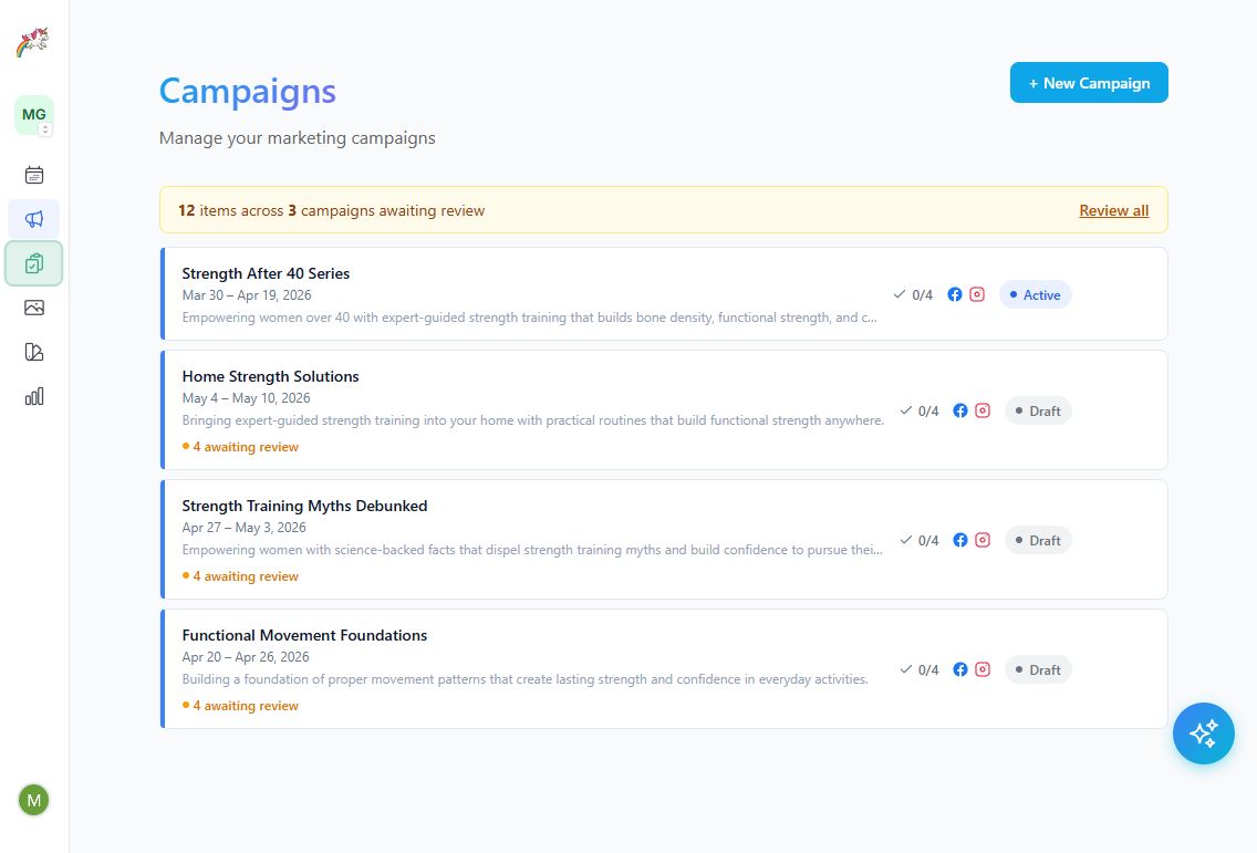 Campaign workspace showing a month of posts and ad copy laid out as a timeline